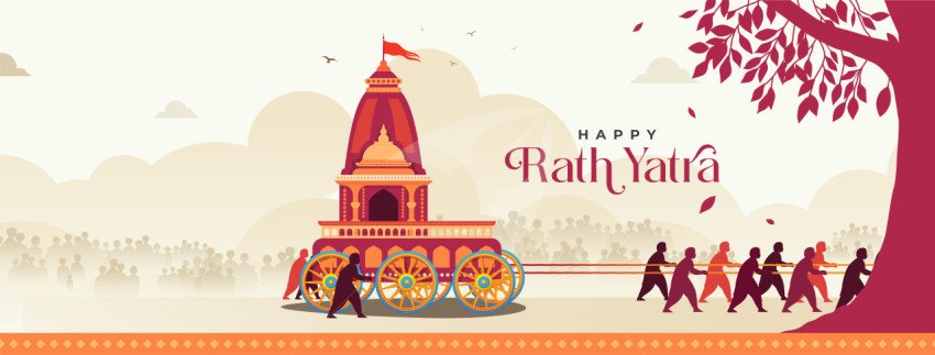 Colorful Illustration of Rath Yatra Festival Banner with Devotees and Decorative Chariot