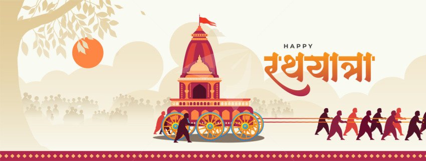 Colorful Illustration of Rath Yatra Festival Banner with Devotees and Decorative Chariot