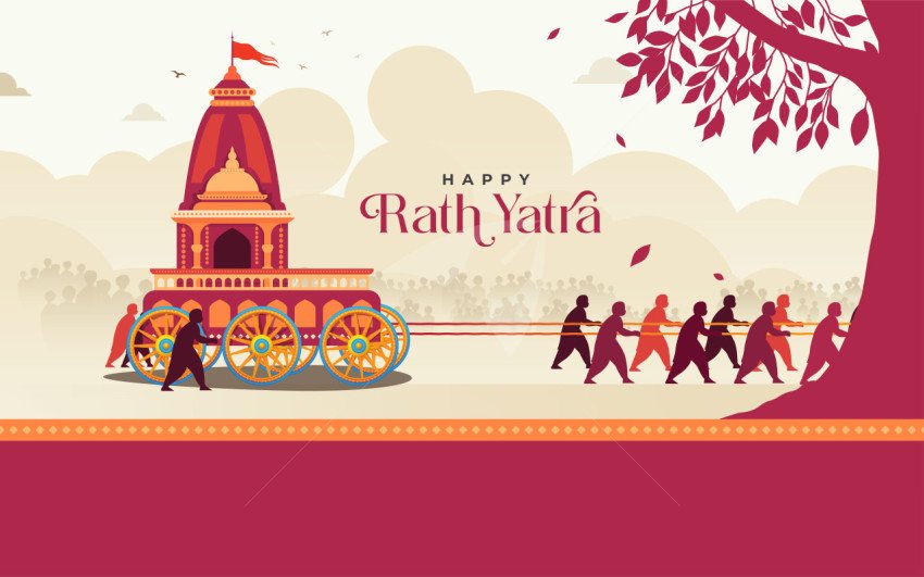 Illustration of Rath Yatra with Vibrant Chariot and Devotees Pulling