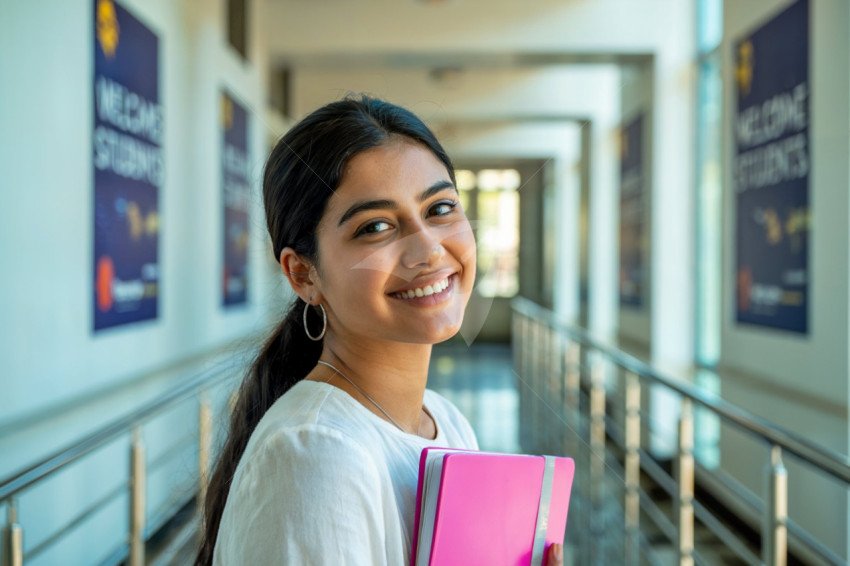 Smiling Young Woman Holding Notebook in Bright Educational Hallway