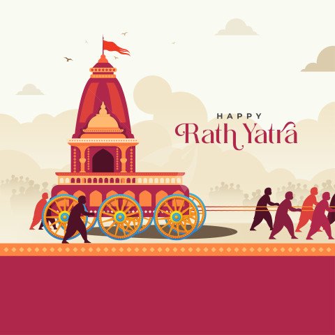 Illustration of Rath Yatra with Vibrant Chariot and Devotees Pulling
